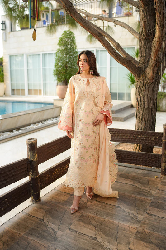 ANEELAS 3PC CHIKANKARI EMBROIDERED SHIRT WITH KHADDI NET EMB DUPATTA AND TROUSER