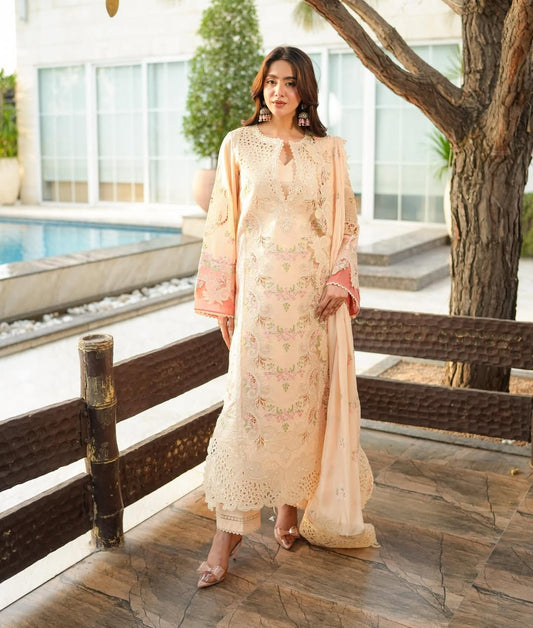 ANEELAS 3PC CHIKANKARI EMBROIDERED SHIRT WITH KHADDI NET EMB DUPATTA AND TROUSER