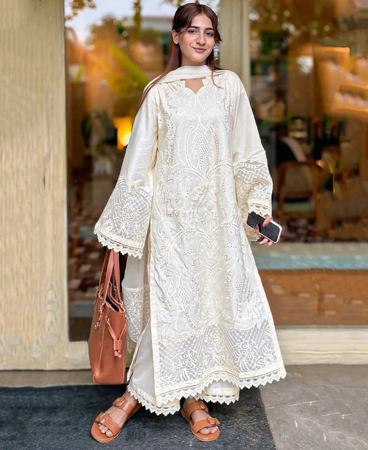 LIBASS-3PC LAWN EMBROIDERED SUIT WITH READY TO WEAR DUPPATA LEH-4005