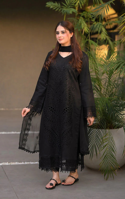 LIBASS 3PC LAWN CHIKANKARI EMBROIDERED SUIT WITH CHIFFON EMB DUPATTA